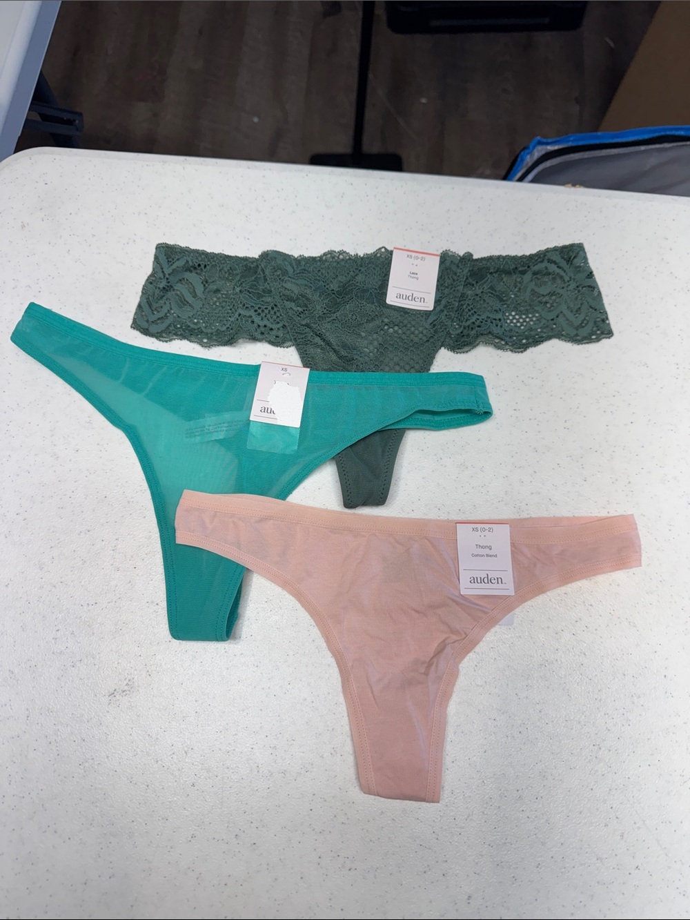 Auden Womens 3-Pack Lace & Mesh Thongs - Dark Green, Teal, Pink
